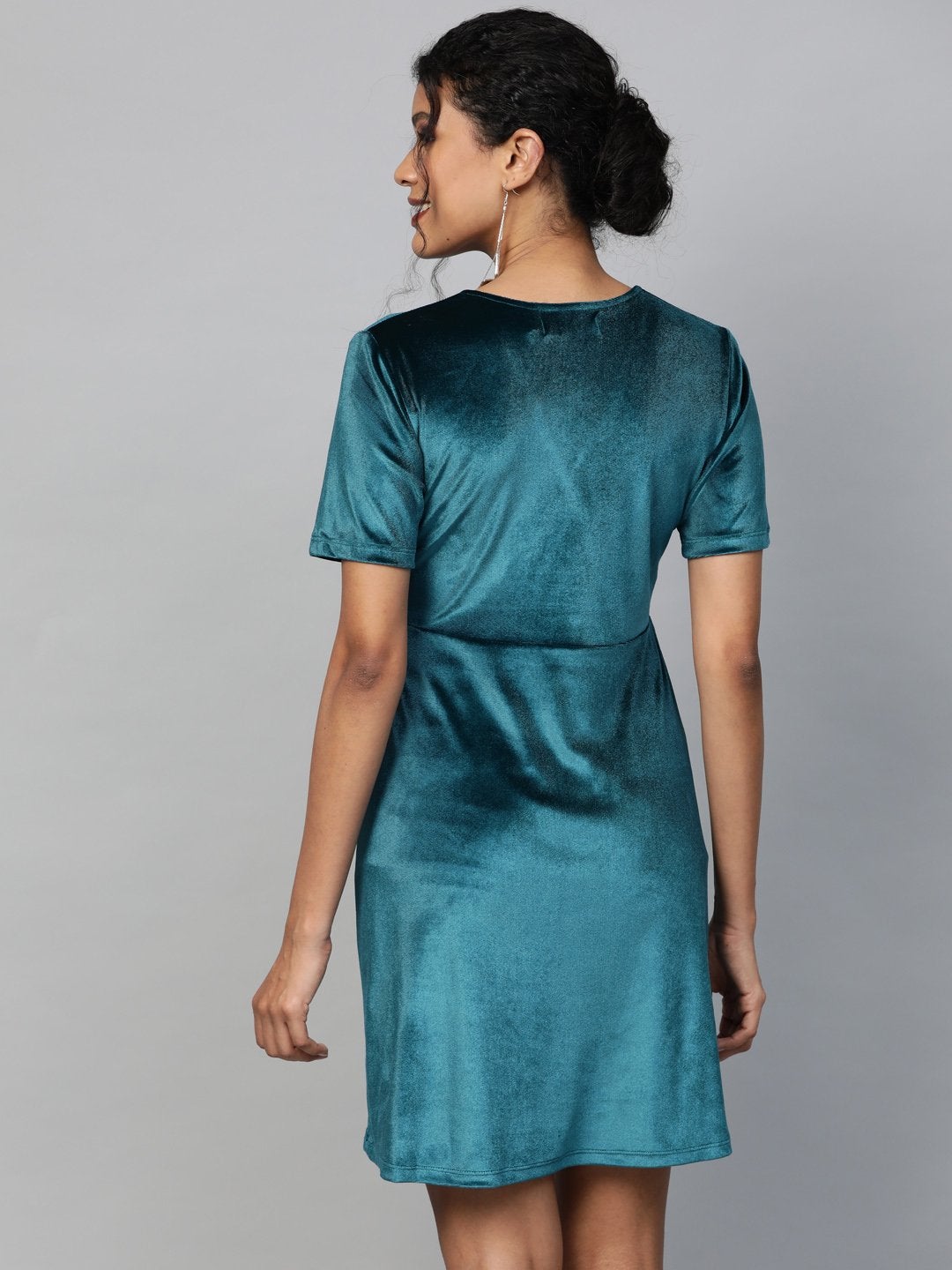 Women's Teal Velvet Wrap Skater Dress