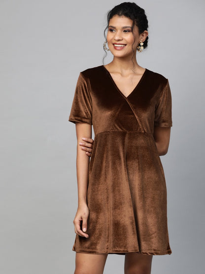 Women's Brown Velvet Wrap Skater Dress