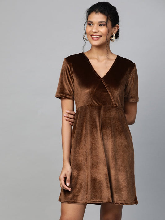Women's Brown Velvet Wrap Skater Dress