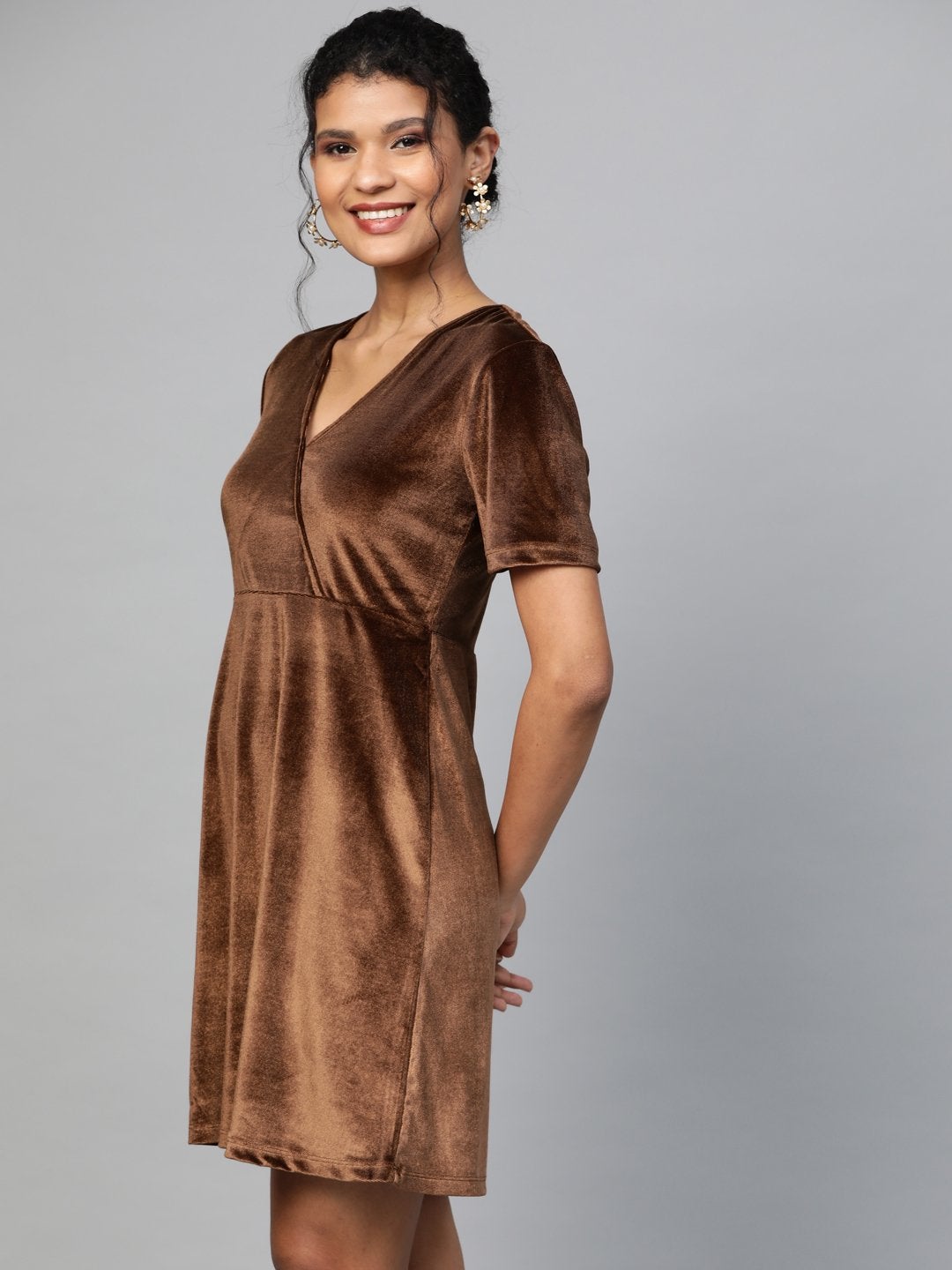 Women's Brown Velvet Wrap Skater Dress