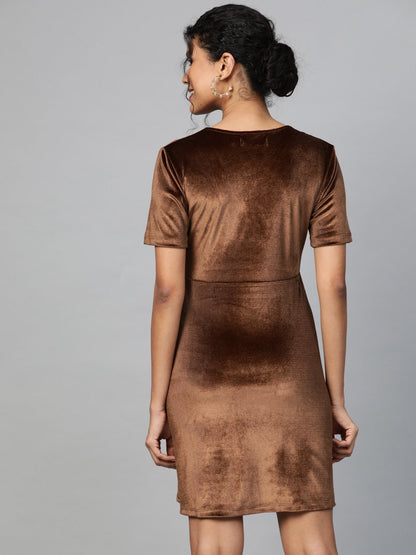 Women's Brown Velvet Wrap Skater Dress