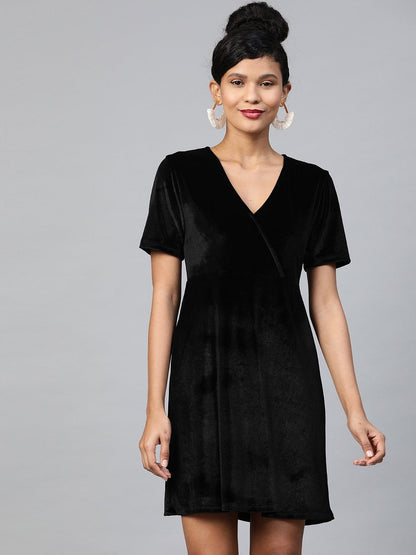 Women's Black Velvet Wrap Skater Dress