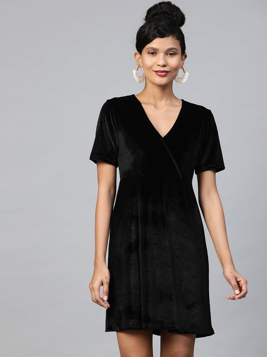Women's Black Velvet Wrap Skater Dress