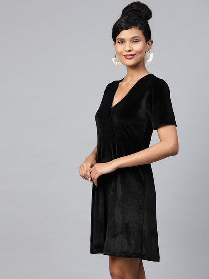 Women's Black Velvet Wrap Skater Dress