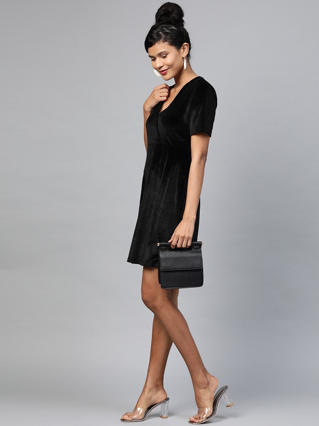 Women's Black Velvet Wrap Skater Dress