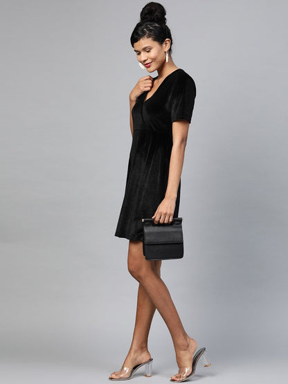 Women's Black Velvet Wrap Skater Dress
