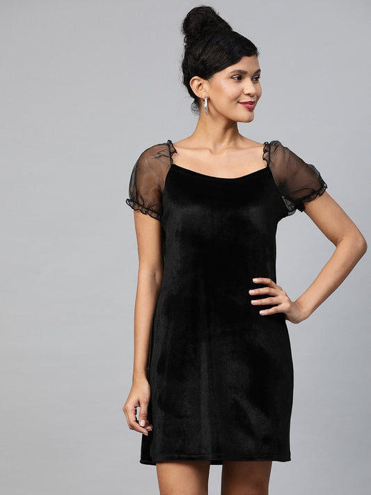 Women's Black Velvet Puff Sleeve Short Dress