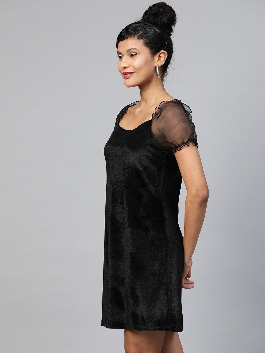 Women's Black Velvet Puff Sleeve Short Dress