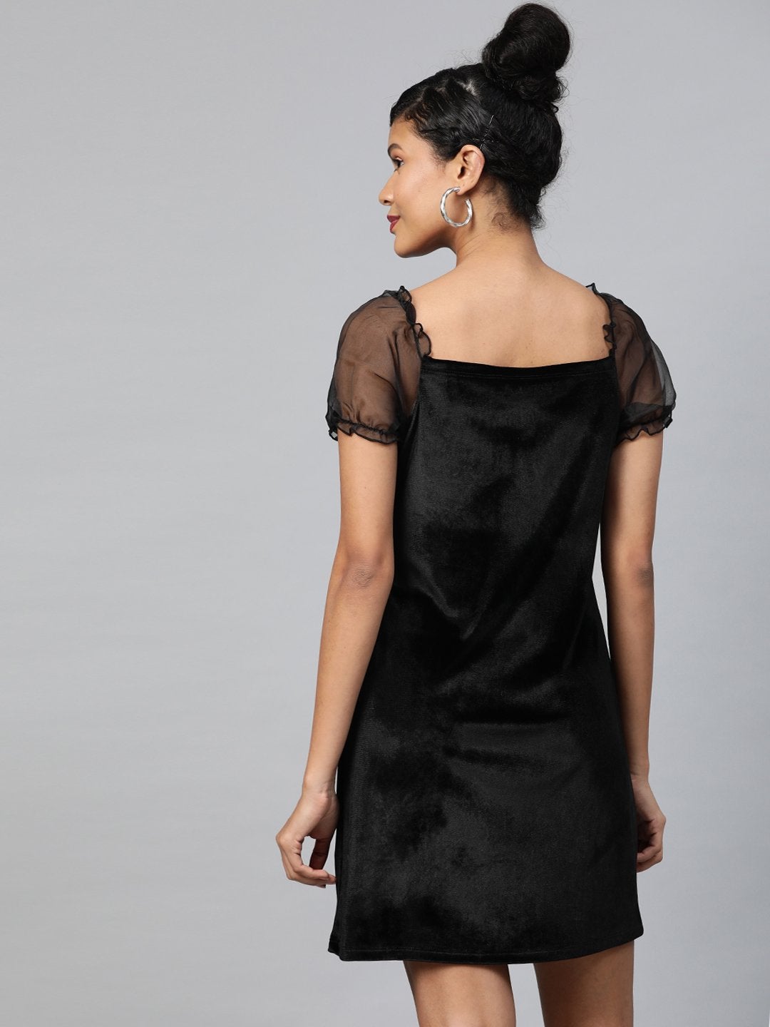 Women's Black Velvet Puff Sleeve Short Dress