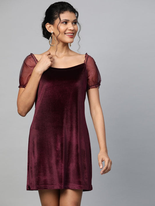 Women's Burgundy Velvet Puff Sleeve Short Dress