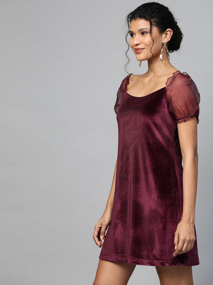 Women's Burgundy Velvet Puff Sleeve Short Dress