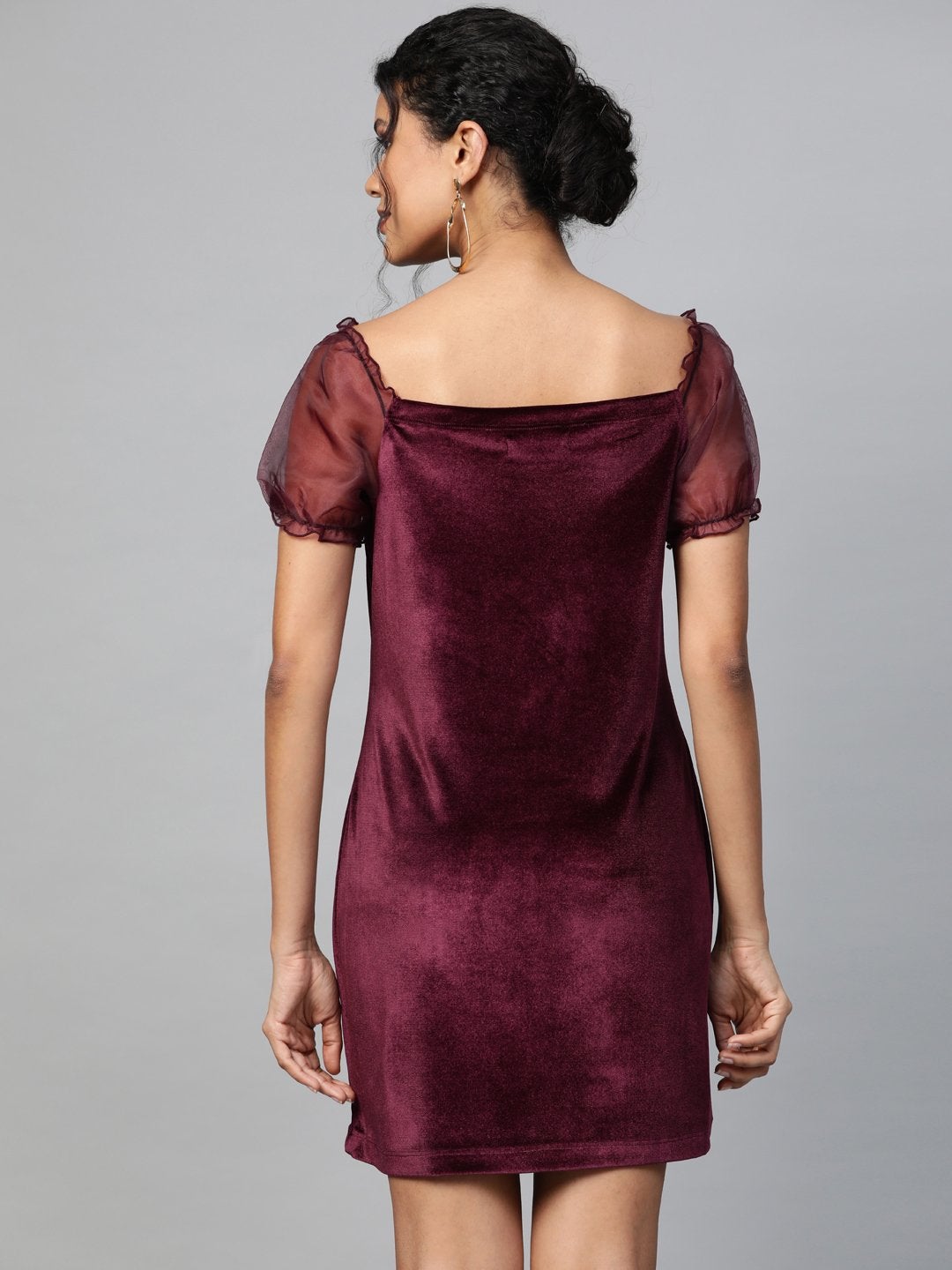 Women's Burgundy Velvet Puff Sleeve Short Dress