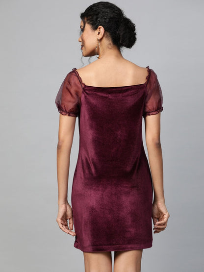 Women's Burgundy Velvet Puff Sleeve Short Dress