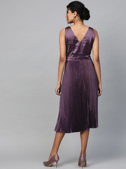 Women's Purple Satin V-Neck Pleated Midi Dress