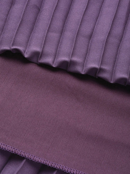 Women's Purple Satin V-Neck Pleated Midi Dress