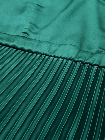 Women's Green Satin V-Neck Pleated Midi Dress