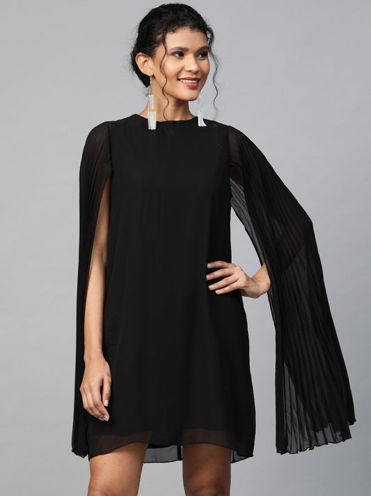 Women's Black Pleated Cape Dress