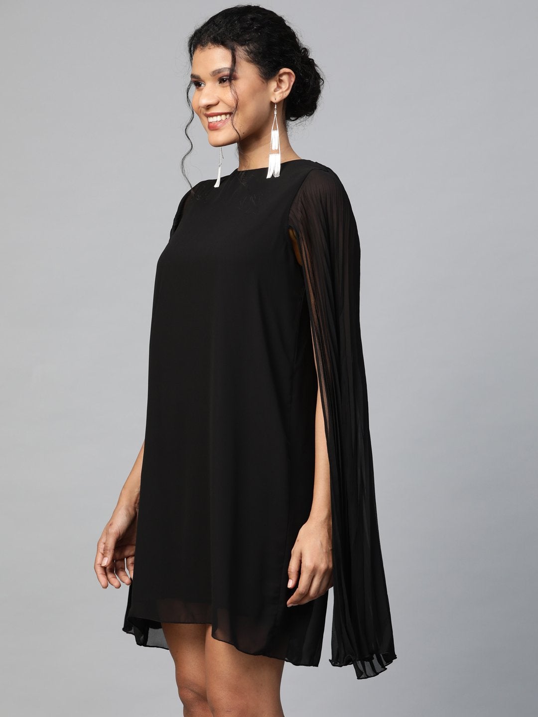 Women's Black Pleated Cape Dress