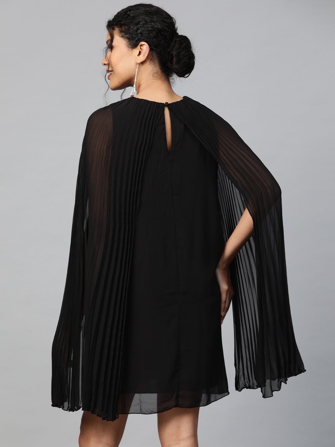 Women's Black Pleated Cape Dress
