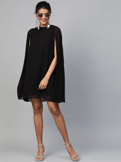 Women's Black Pleated Cape Dress
