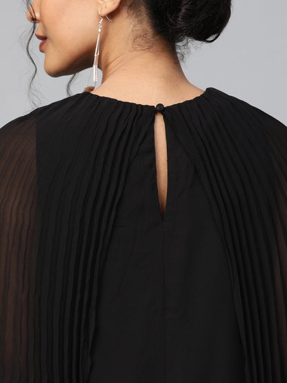 Women's Black Pleated Cape Dress