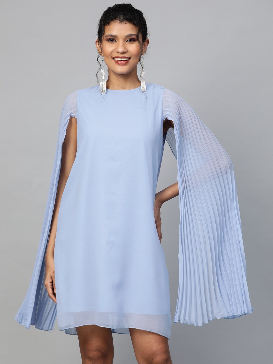 Women's Blue Pleated Cape Dress