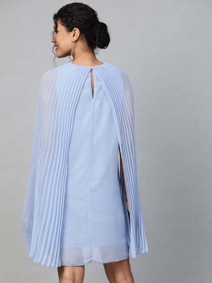 Women's Blue Pleated Cape Dress