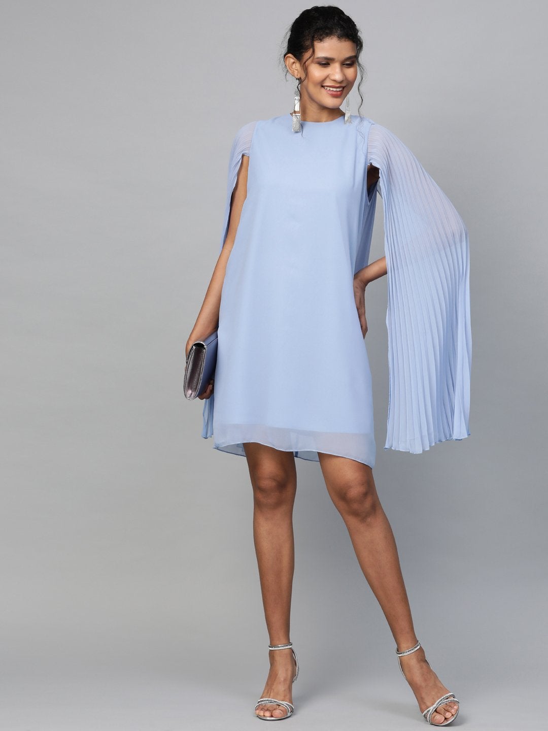 Women's Blue Pleated Cape Dress
