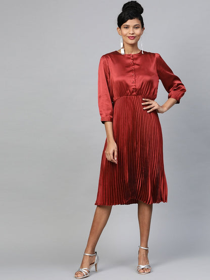 Women's Red Pleated Midi Satin Dress