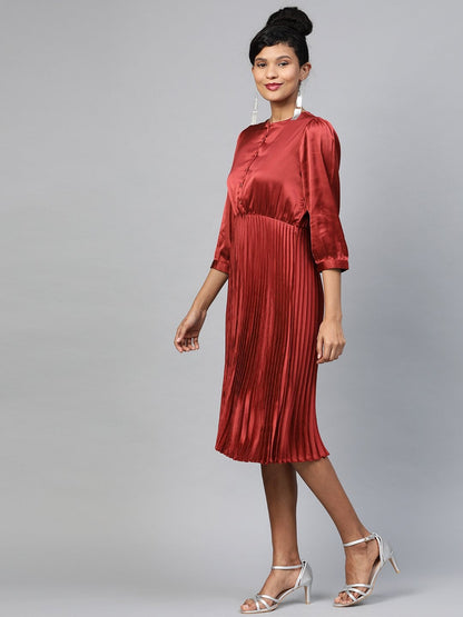 Women's Red Pleated Midi Satin Dress