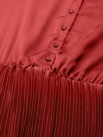 Women's Red Pleated Midi Satin Dress