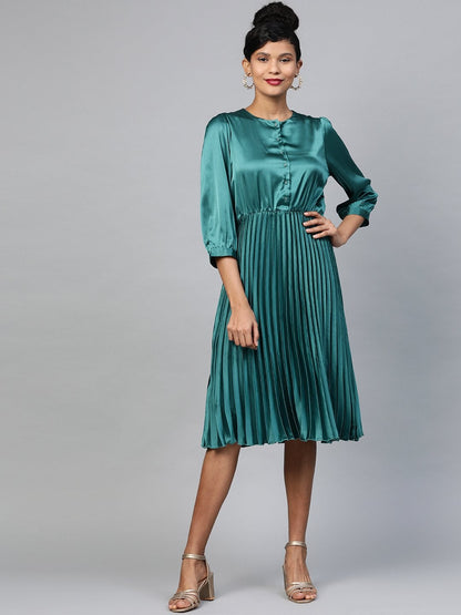 Women's Green Pleated Midi Satin Dress