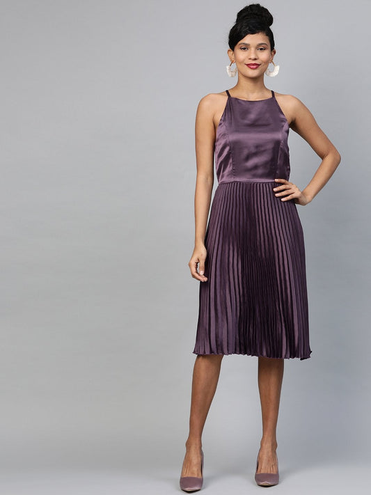 Women's Purple Halter Neck Pleated Satin Dress