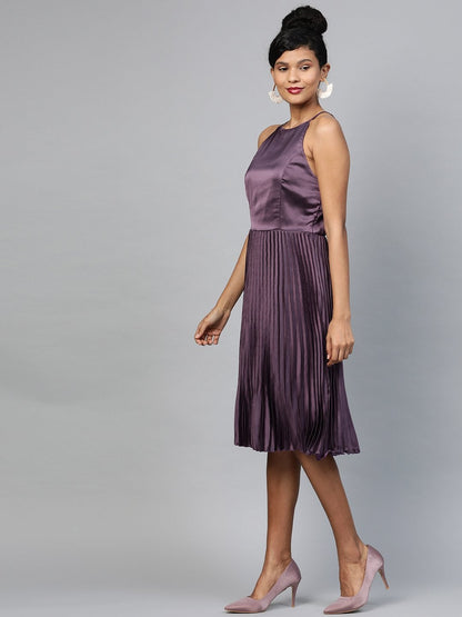 Women's Purple Halter Neck Pleated Satin Dress