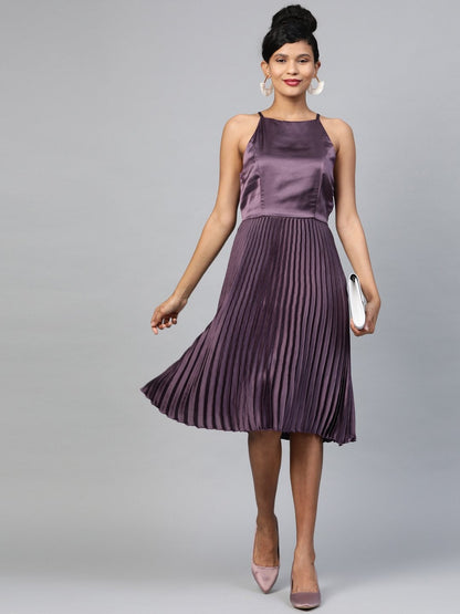 Women's Purple Halter Neck Pleated Satin Dress