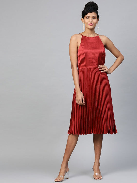 Women's Maroon Halter Neck Pleated Satin Dress