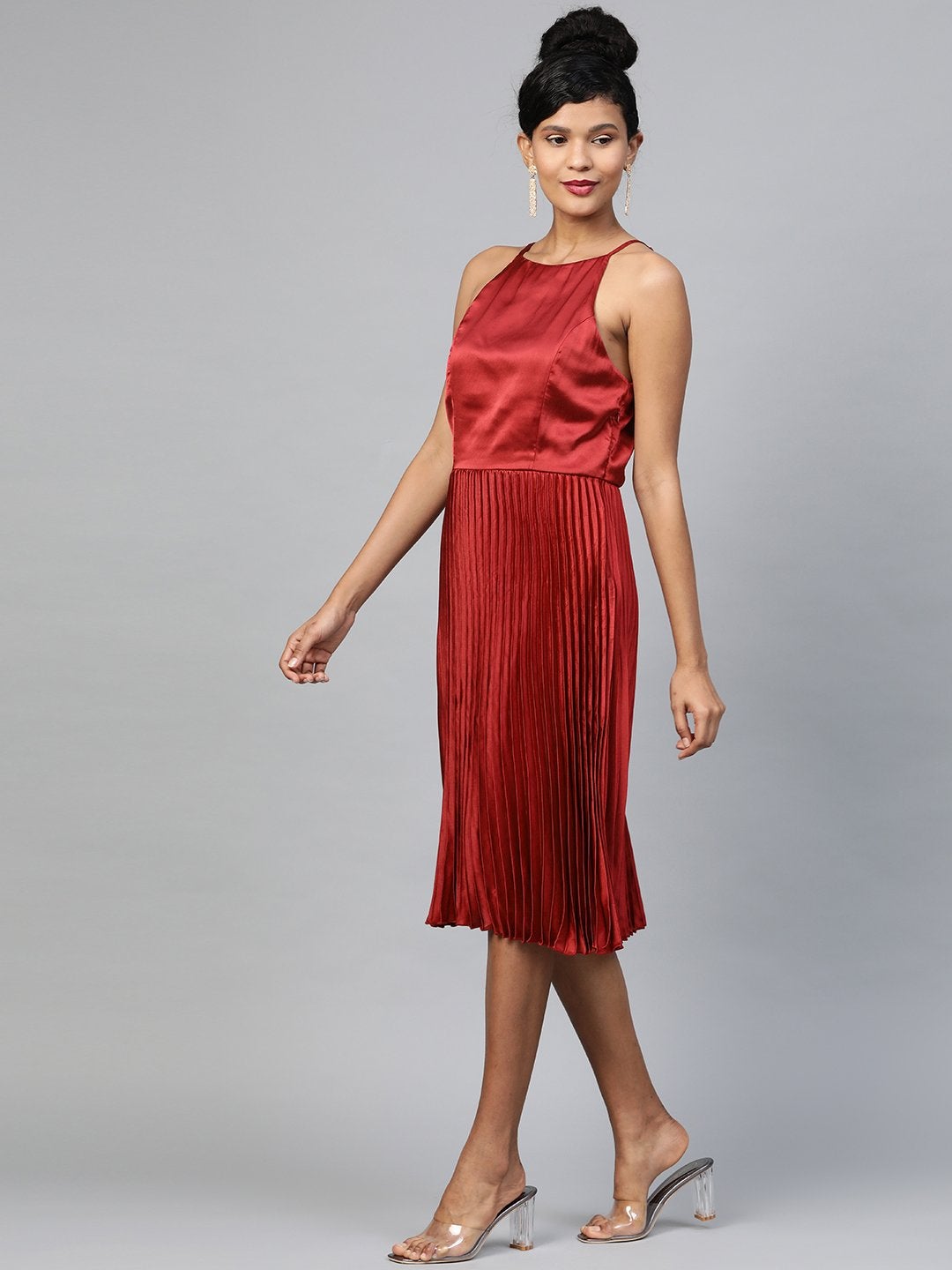 Women's Maroon Halter Neck Pleated Satin Dress