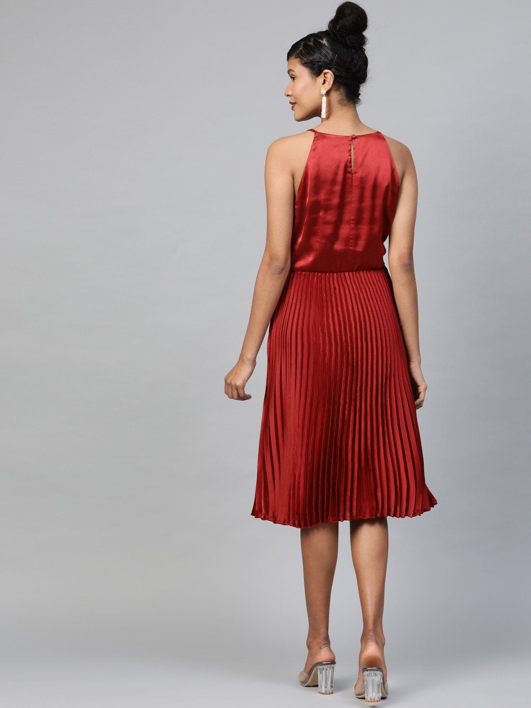 Women's Maroon Halter Neck Pleated Satin Dress