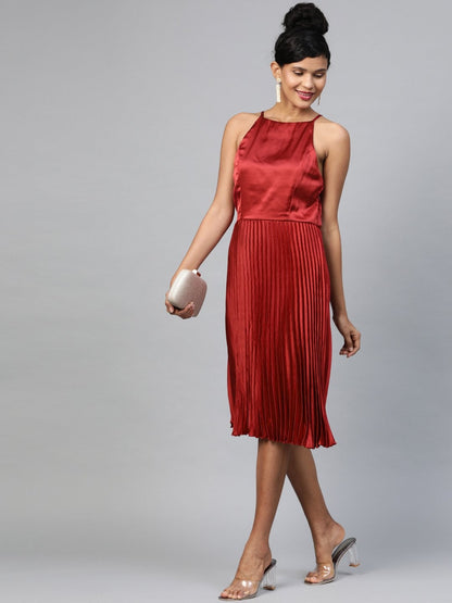 Women's Maroon Halter Neck Pleated Satin Dress