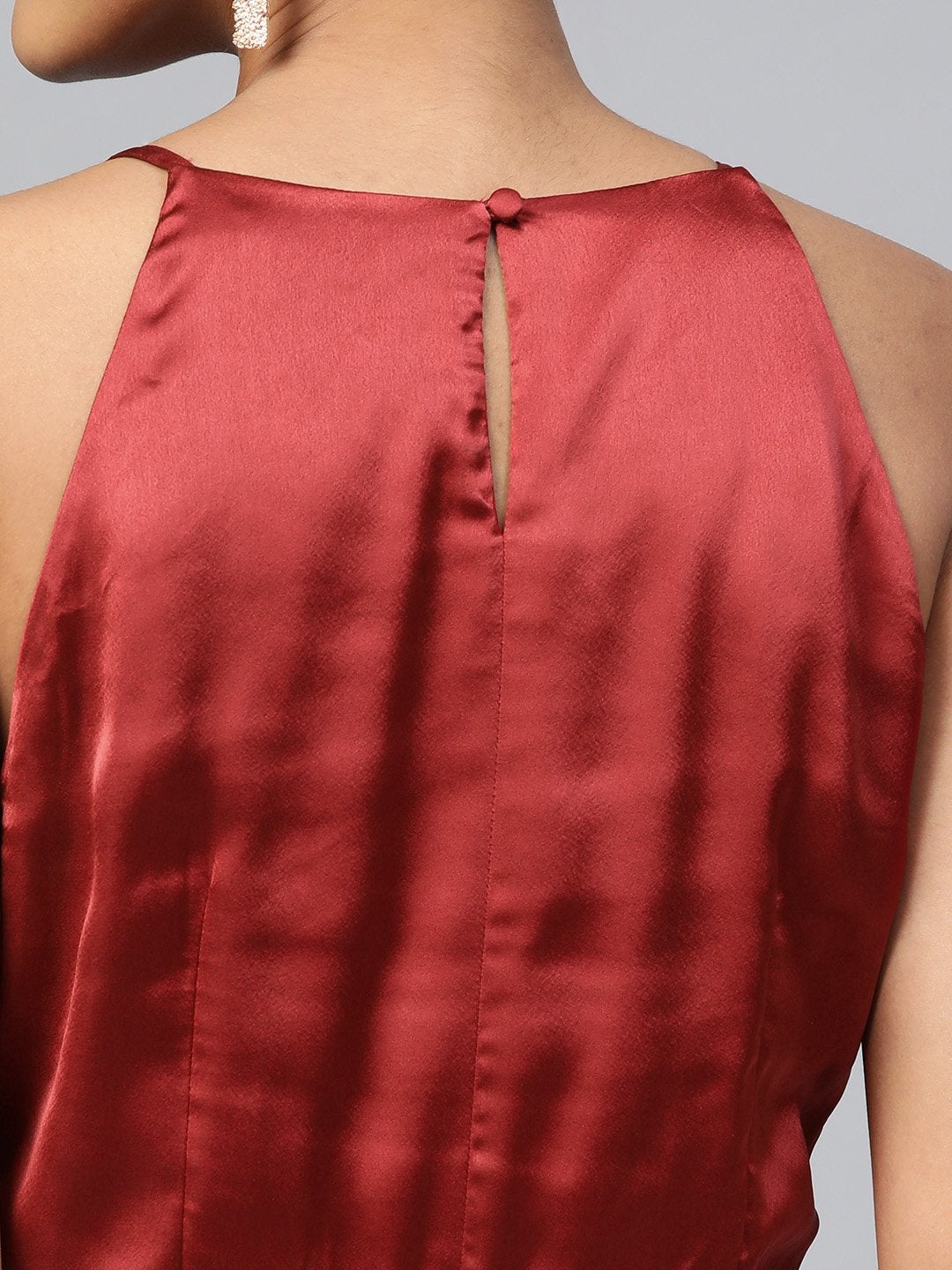 Women's Maroon Halter Neck Pleated Satin Dress