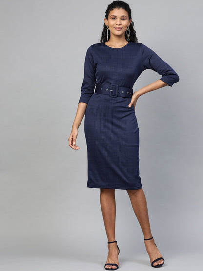 Women's Navy Jacquard Check Bodycon Belted Dress