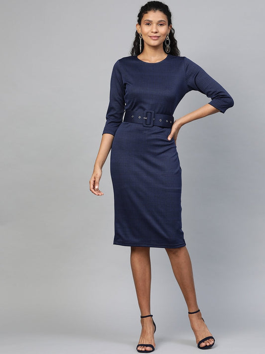 Women's Navy Jacquard Check Bodycon Belted Dress