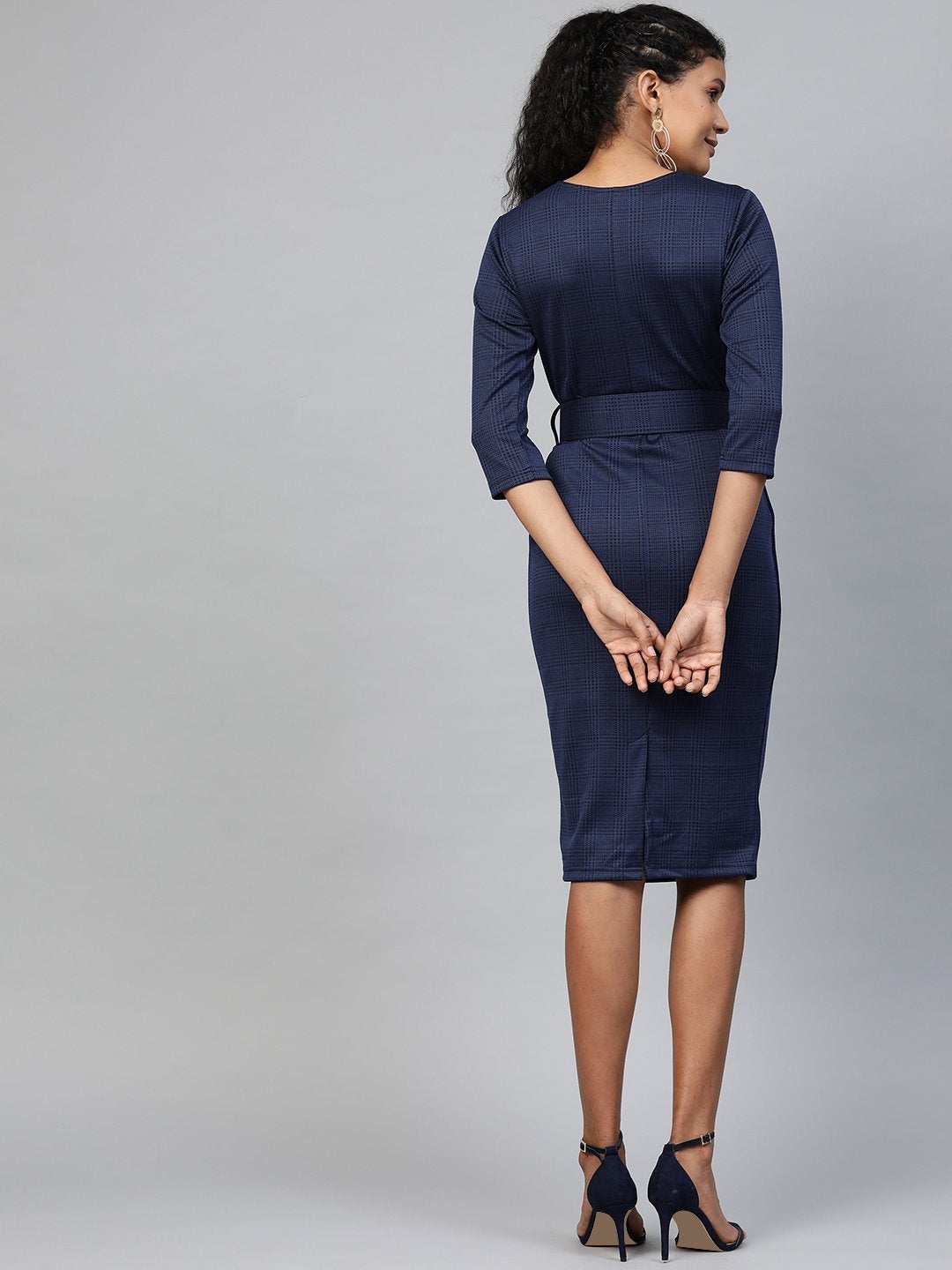 Women's Navy Jacquard Check Bodycon Belted Dress
