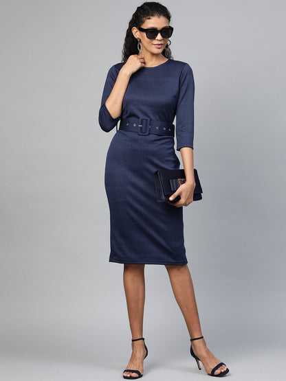 Women's Navy Jacquard Check Bodycon Belted Dress