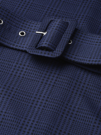 Women's Navy Jacquard Check Bodycon Belted Dress