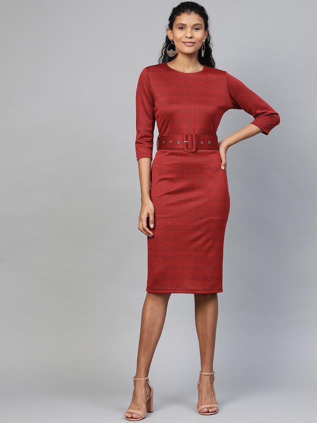 Women's Red Jacquard Check Bodycon Belted Dress