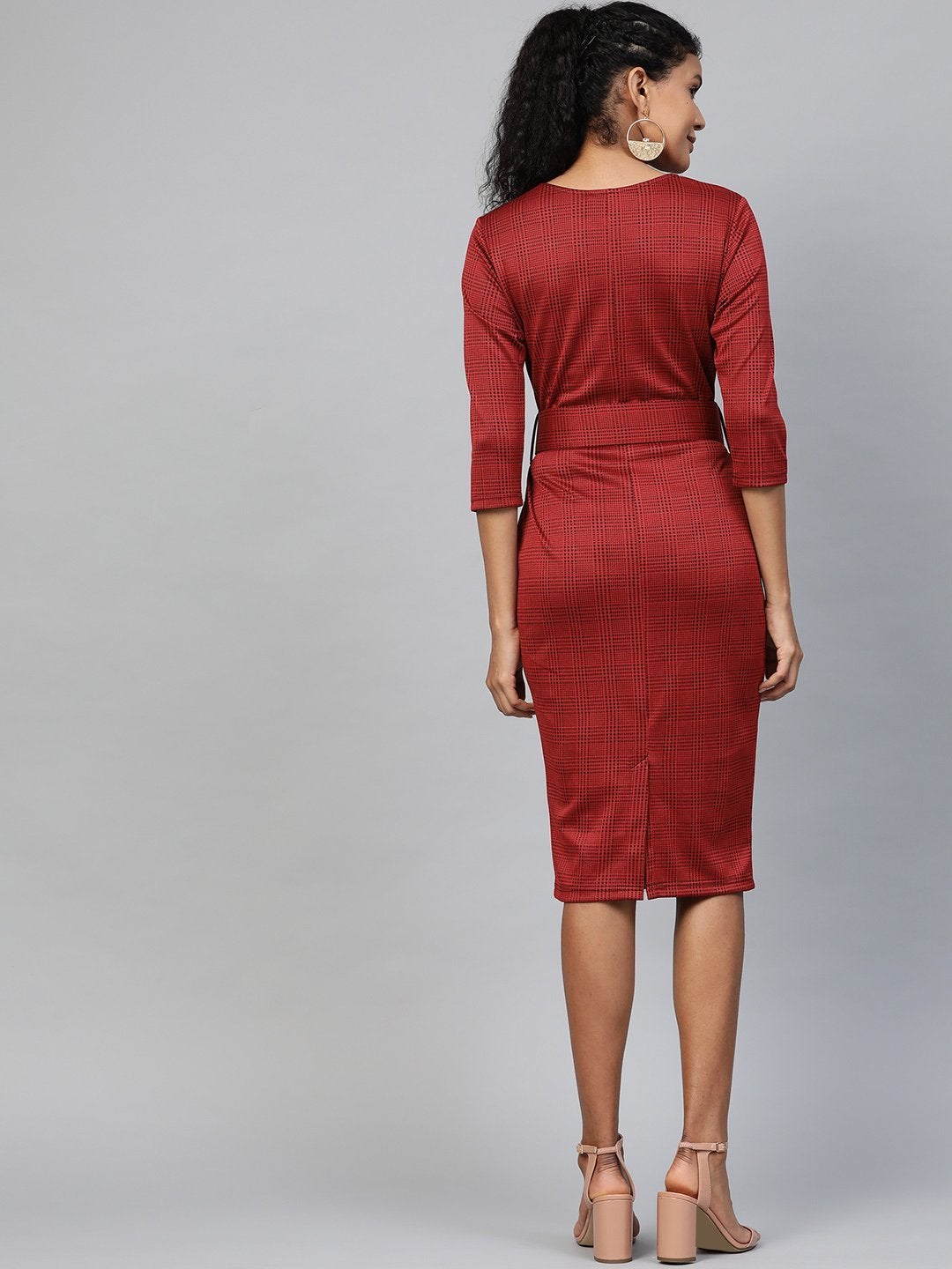 Women's Red Jacquard Check Bodycon Belted Dress