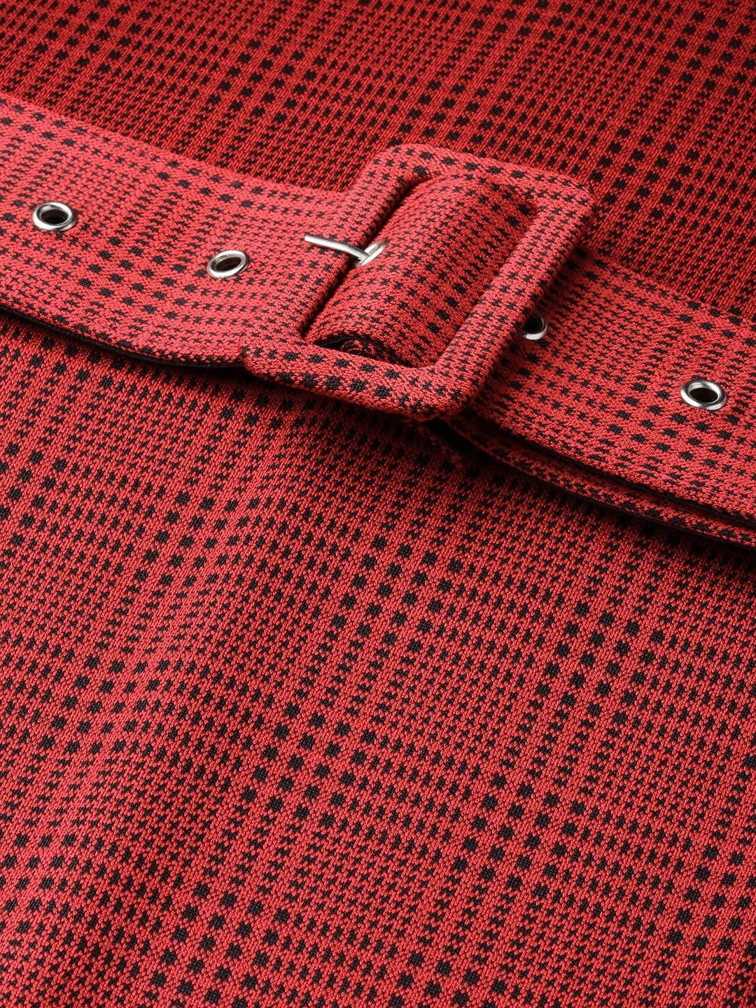 Women's Red Jacquard Check Bodycon Belted Dress