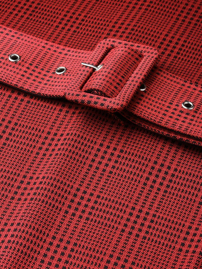 Women's Red Jacquard Check Bodycon Belted Dress
