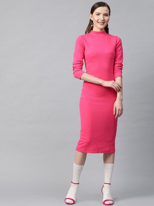Women's Fuchsia Rib Full Sleeve Bodycon Dress
